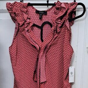 NWT Jessica Simpson Red Pink Geometric Print Ruffle Tie Front Blouse